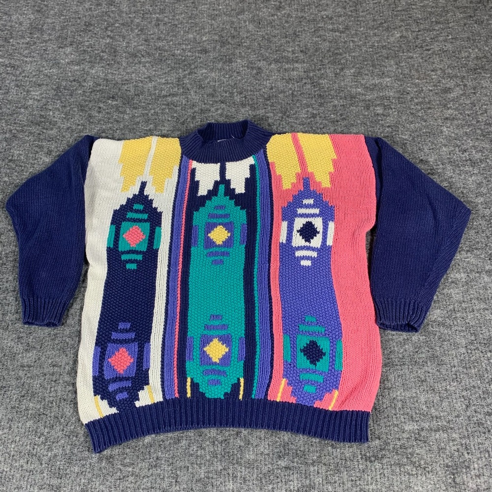 Vintage 62 East Sweater Womens Medium Blue‎ Geometric Abstract Aztec Retro 90s
